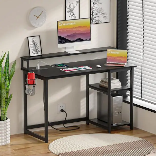 Alt view image 7 of 7 - GreenForest 47 inch Gaming Desk with Power Outlets, Small Home Office Desk with Ergonomic Monitor Stand, Reversible Computer Desk, Modern Study Desk, Laptop Desk,Black