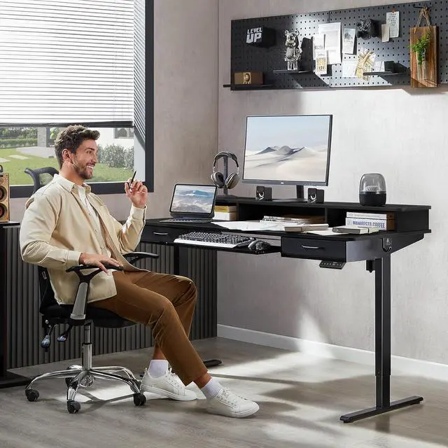 Alt view image 2 of 7 - 55x24 Inches Electric Standing Desk with Keyboard Tray, Height Adjustable Stand up Desk with 2 Drawers, Ergonomic Sit to Stand Desk with Storage Monitor Stand, Computer Table, Black
