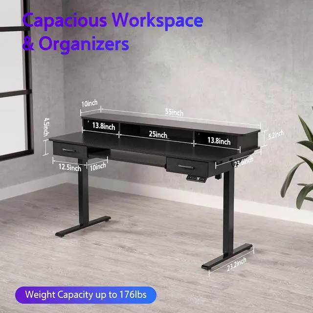 Alt view image 3 of 7 - 55x24 Inches Electric Standing Desk with Keyboard Tray, Height Adjustable Stand up Desk with 2 Drawers, Ergonomic Sit to Stand Desk with Storage Monitor Stand, Computer Table, Black