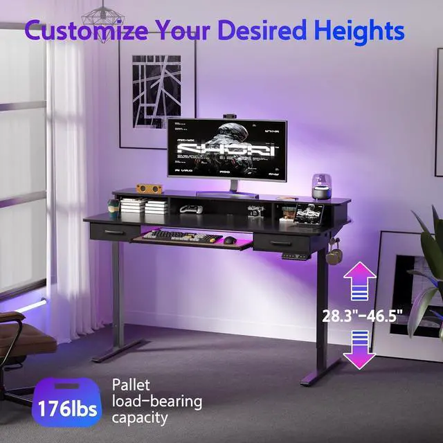 Alt view image 5 of 7 - 55x24 Inches Electric Standing Desk with Keyboard Tray, Height Adjustable Stand up Desk with 2 Drawers, Ergonomic Sit to Stand Desk with Storage Monitor Stand, Computer Table, Black