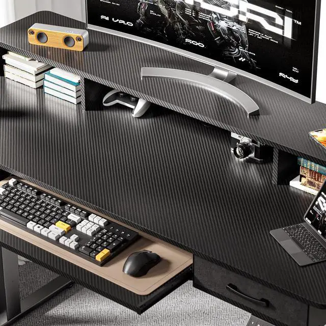 Alt view image 6 of 7 - 55x24 Inches Electric Standing Desk with Keyboard Tray, Height Adjustable Stand up Desk with 2 Drawers, Ergonomic Sit to Stand Desk with Storage Monitor Stand, Computer Table, Black