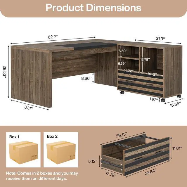 Alt view image 2 of 7 - Tribesigns 62.2" Executive Desk with Mobile File Cabinet, L-Shaped Office Desk with Storage Shelves, Large Computer Desk Business Workstation Set for Home Office, Light Brown