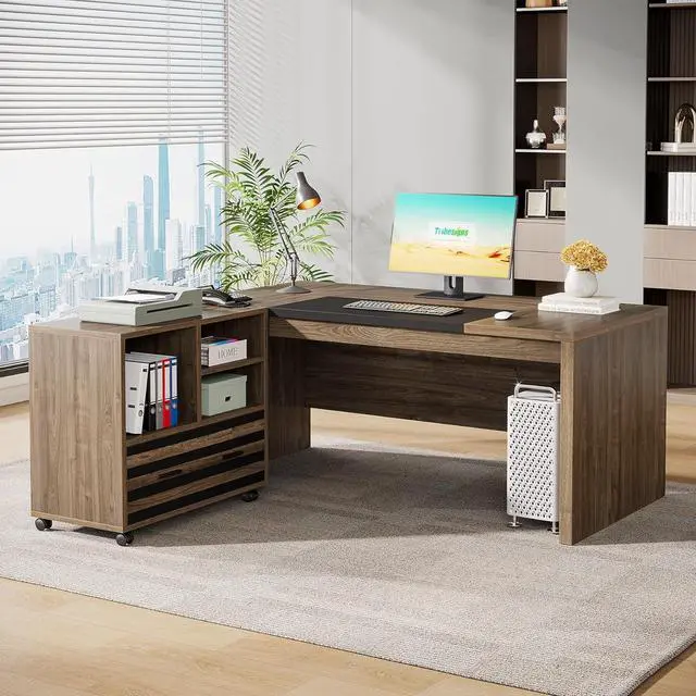 Alt view image 3 of 7 - Tribesigns 62.2" Executive Desk with Mobile File Cabinet, L-Shaped Office Desk with Storage Shelves, Large Computer Desk Business Workstation Set for Home Office, Light Brown