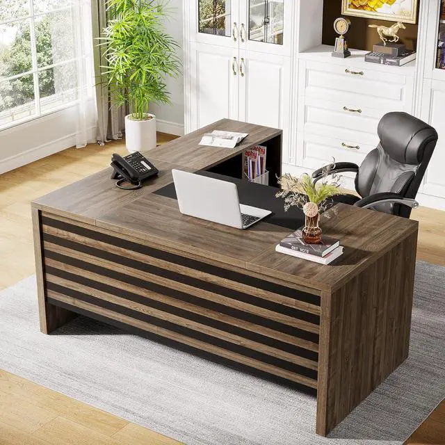 Alt view image 4 of 7 - Tribesigns 62.2" Executive Desk with Mobile File Cabinet, L-Shaped Office Desk with Storage Shelves, Large Computer Desk Business Workstation Set for Home Office, Light Brown