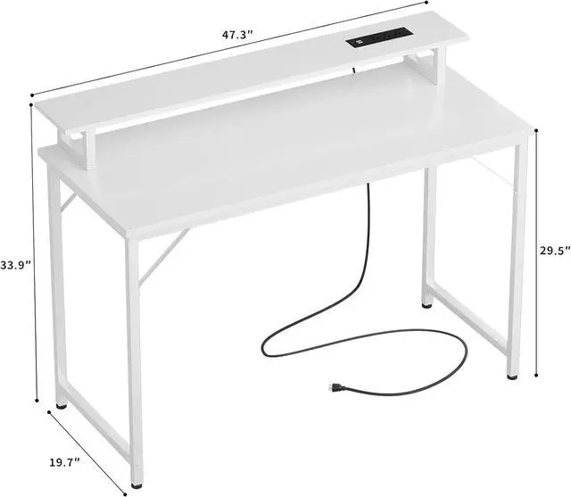 Alt view image 3 of 7 - 47 inch Computer Desk with Power Outlets, Gaming Desk with LED Lights, Home Office Work Desk with Monitor Shelf, Modern Office Desk Study Writing Table for Small Spaces, White