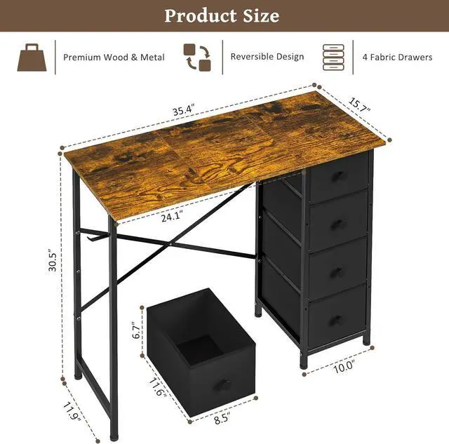 Alt view image 2 of 7 - Computer Desk with 4 Fabric Drawers, 35.4 Inch Small Home Office Writing Desk, Simple Table PC Desk for Small Places, Kids Girls Teen Study Writing Desk for Bedroom Dorm Rustic Brown