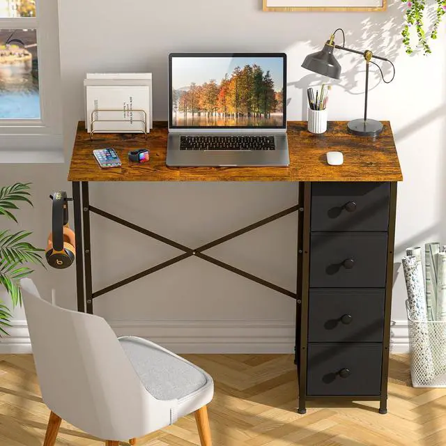 Alt view image 4 of 7 - Computer Desk with 4 Fabric Drawers, 35.4 Inch Small Home Office Writing Desk, Simple Table PC Desk for Small Places, Kids Girls Teen Study Writing Desk for Bedroom Dorm Rustic Brown