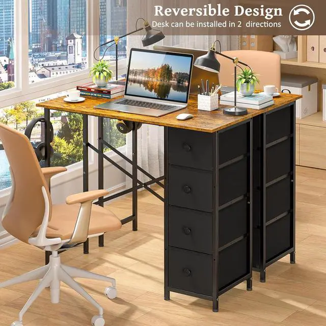 Alt view image 3 of 7 - Computer Desk with 4 Fabric Drawers, 35.4 Inch Small Home Office Writing Desk, Simple Table PC Desk for Small Places, Kids Girls Teen Study Writing Desk for Bedroom Dorm Rustic Brown