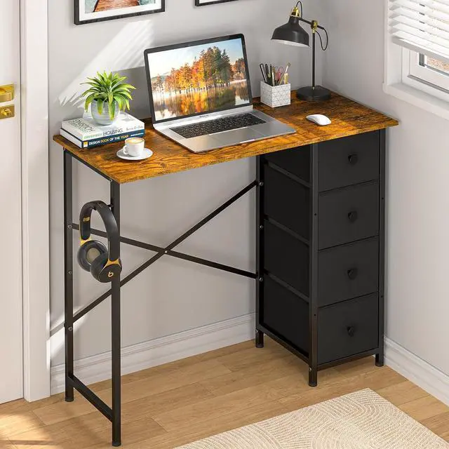 Alt view image 5 of 7 - Computer Desk with 4 Fabric Drawers, 35.4 Inch Small Home Office Writing Desk, Simple Table PC Desk for Small Places, Kids Girls Teen Study Writing Desk for Bedroom Dorm Rustic Brown
