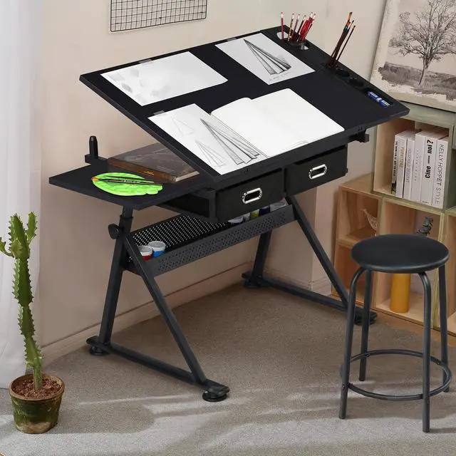 Alt view image 2 of 7 - Yaheetech Drafting Table for Artists, Height Adjustable Drawing Desk Art/Craft Desk Diamond Paintings Work Station w/ 2 Storage Drawers and Stool for Home Office School, Black