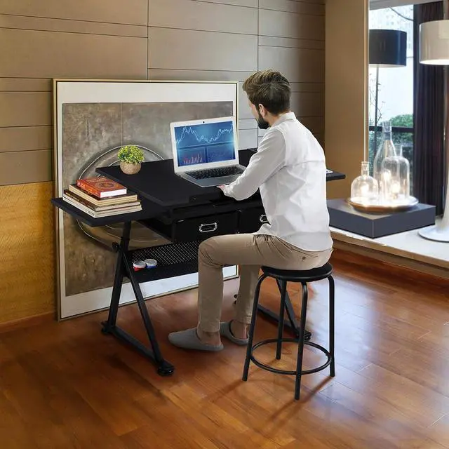 Alt view image 4 of 7 - Yaheetech Drafting Table for Artists, Height Adjustable Drawing Desk Art/Craft Desk Diamond Paintings Work Station w/ 2 Storage Drawers and Stool for Home Office School, Black