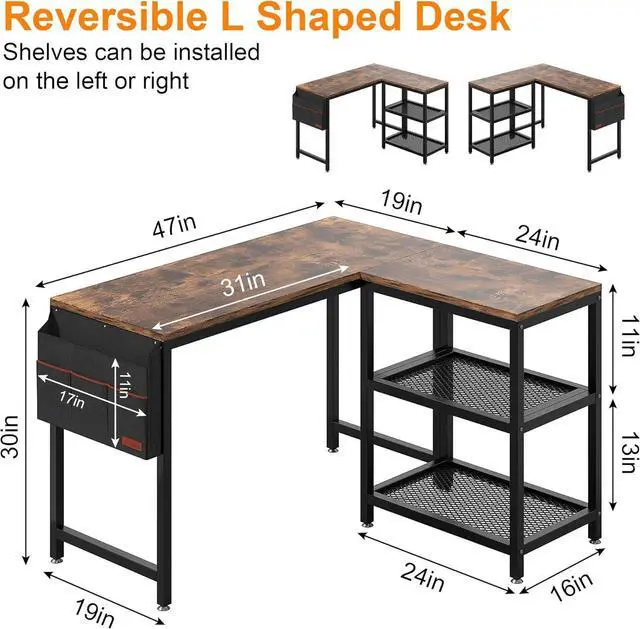 Alt view image 3 of 7 - VECELO L Shaped Computer Desk, 47" PC Writing Study Workstation with Reversible Storage Shelves and Bag, Home Office