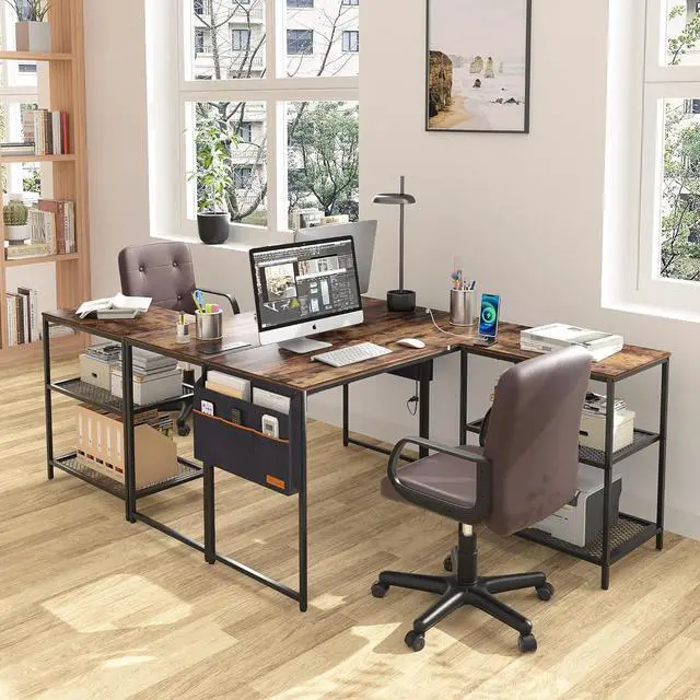 Alt view image 2 of 7 - VECELO L Shaped Computer Desk, 47" PC Writing Study Workstation with Reversible Storage Shelves and Bag, Home Office