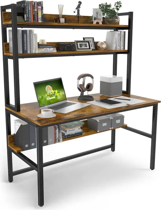 Main image of Aquzee Computer Desk with Hutch, 47in Wide Desk with Shelves, Tall Home Office Desk with Bookshelf, Metal Legs Study Table with Upper Storage Shelf for Study Writing/Workstation 47W x 23.6D x 65H