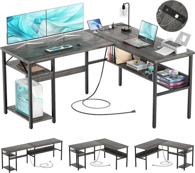 Main image of Reversible L Shaped Gaming Desk with Power Outlets and USB Charging Ports, Sturdy Computer Desk with Storage Shelf, Modern Corner Desk Home Office Table, Easy to Assemble, Gray Oak