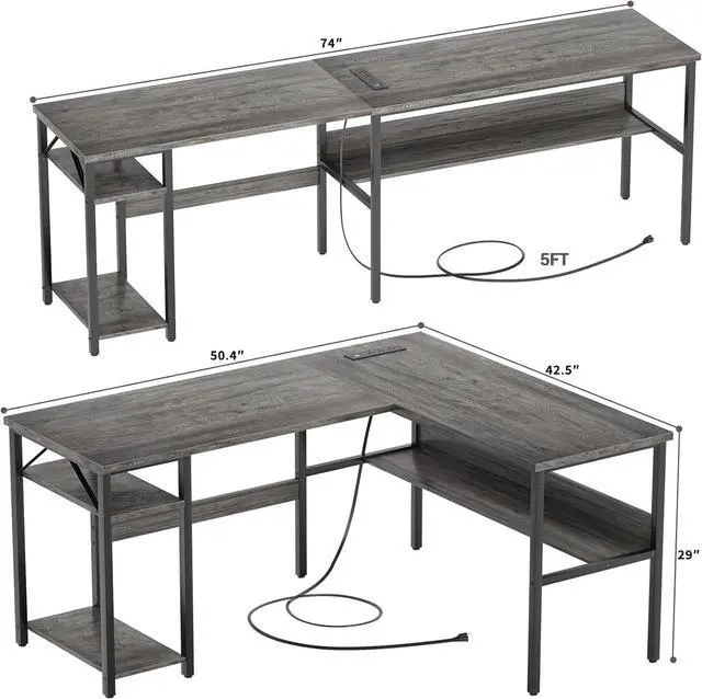 Alt view image 3 of 7 - Reversible L Shaped Gaming Desk with Power Outlets and USB Charging Ports, Sturdy Computer Desk with Storage Shelf, Modern Corner Desk Home Office Table, Easy to Assemble, Gray Oak