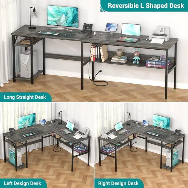 Alt view image 4 of 7 - Reversible L Shaped Gaming Desk with Power Outlets and USB Charging Ports, Sturdy Computer Desk with Storage Shelf, Modern Corner Desk Home Office Table, Easy to Assemble, Gray Oak