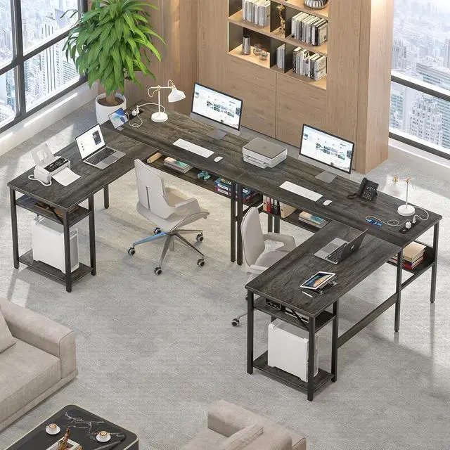 Alt view image 2 of 7 - Reversible L Shaped Gaming Desk with Power Outlets and USB Charging Ports, Sturdy Computer Desk with Storage Shelf, Modern Corner Desk Home Office Table, Easy to Assemble, Gray Oak