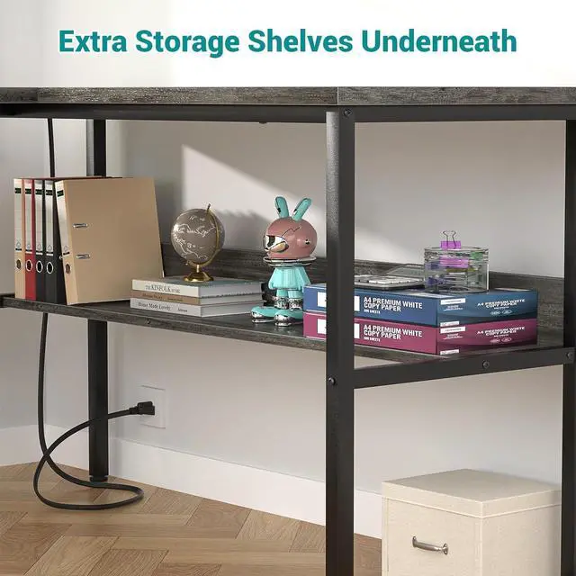 Alt view image 5 of 7 - Reversible L Shaped Gaming Desk with Power Outlets and USB Charging Ports, Sturdy Computer Desk with Storage Shelf, Modern Corner Desk Home Office Table, Easy to Assemble, Gray Oak