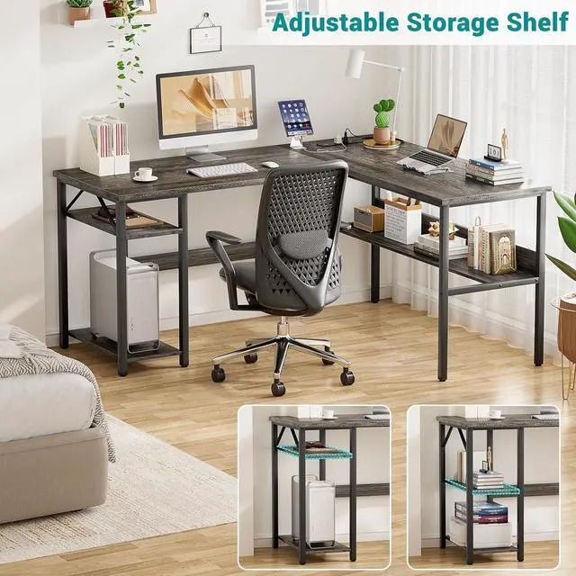 Alt view image 7 of 7 - Reversible L Shaped Gaming Desk with Power Outlets and USB Charging Ports, Sturdy Computer Desk with Storage Shelf, Modern Corner Desk Home Office Table, Easy to Assemble, Gray Oak