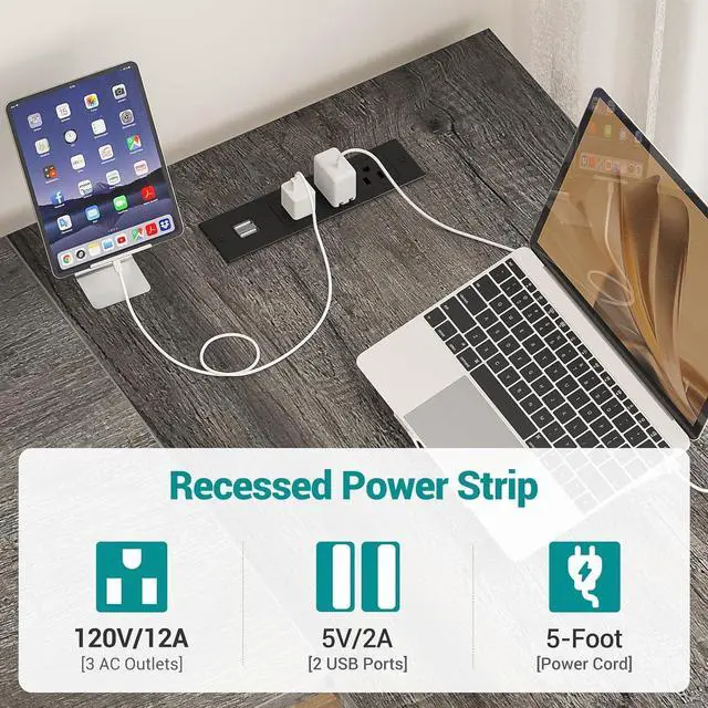 Alt view image 6 of 7 - Reversible L Shaped Gaming Desk with Power Outlets and USB Charging Ports, Sturdy Computer Desk with Storage Shelf, Modern Corner Desk Home Office Table, Easy to Assemble, Gray Oak