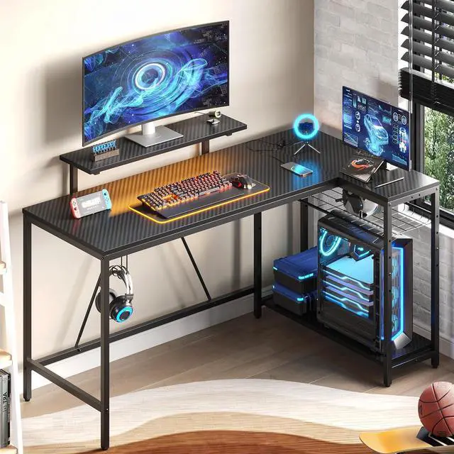 Main image of Bestier 58 L Shaped Gaming Desk with LED Lights & Power Outlets,Reversible Home Office Corner Desk with Shelves,Larger PC Workstation with Hooks for Studying,Desk for Bedroom,Carbon Fiber Black