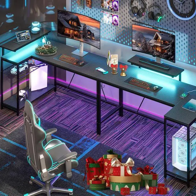 Alt view image 3 of 7 - Bestier 58 L Shaped Gaming Desk with LED Lights & Power Outlets,Reversible Home Office Corner Desk with Shelves,Larger PC Workstation with Hooks for Studying,Desk for Bedroom,Carbon Fiber Black