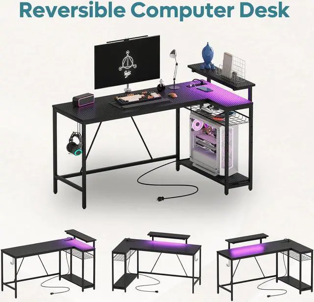 Alt view image 7 of 7 - Bestier 58 L Shaped Gaming Desk with LED Lights & Power Outlets,Reversible Home Office Corner Desk with Shelves,Larger PC Workstation with Hooks for Studying,Desk for Bedroom,Carbon Fiber Black