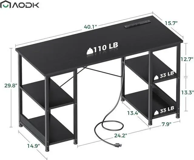 Alt view image 3 of 7 - AODK 40 Inch Small Computer Desk with Power Outlets & USB Charging Port, Modern Simple Style Desk for Small Spaces Home Office, Study Student Writing Desk, Kids Desk, Black