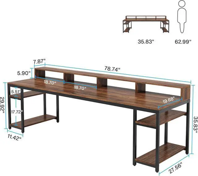 Alt view image 2 of 7 - Tribesigns Two Person Desk with Monitor Stand, 78.74" Long Double Computer Office Desk with Storage Shelves, Large Gaming Desk Study Writing Table Workstation for Home Office (Rustic Brown)