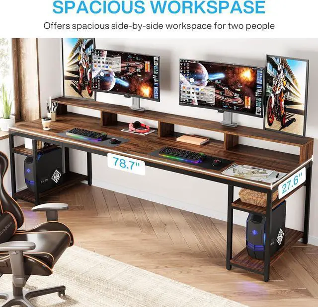 Alt view image 3 of 7 - Tribesigns Two Person Desk with Monitor Stand, 78.74" Long Double Computer Office Desk with Storage Shelves, Large Gaming Desk Study Writing Table Workstation for Home Office (Rustic Brown)