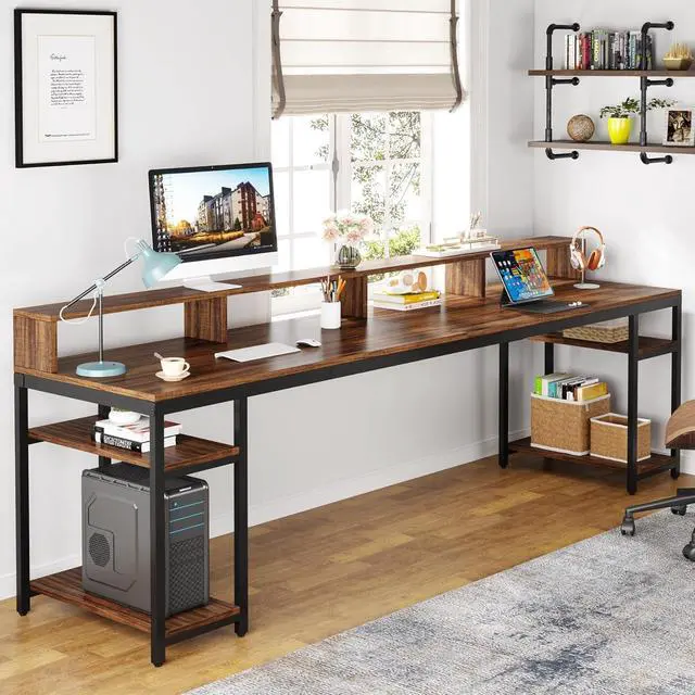 Alt view image 4 of 7 - Tribesigns Two Person Desk with Monitor Stand, 78.74" Long Double Computer Office Desk with Storage Shelves, Large Gaming Desk Study Writing Table Workstation for Home Office (Rustic Brown)