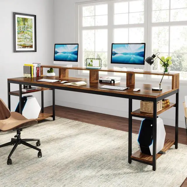 Alt view image 5 of 7 - Tribesigns Two Person Desk with Monitor Stand, 78.74" Long Double Computer Office Desk with Storage Shelves, Large Gaming Desk Study Writing Table Workstation for Home Office (Rustic Brown)