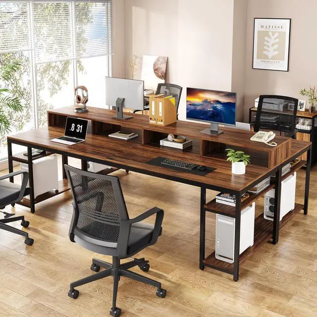Alt view image 6 of 7 - Tribesigns Two Person Desk with Monitor Stand, 78.74" Long Double Computer Office Desk with Storage Shelves, Large Gaming Desk Study Writing Table Workstation for Home Office (Rustic Brown)