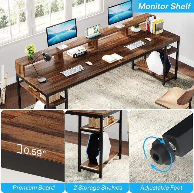 Alt view image 7 of 7 - Tribesigns Two Person Desk with Monitor Stand, 78.74" Long Double Computer Office Desk with Storage Shelves, Large Gaming Desk Study Writing Table Workstation for Home Office (Rustic Brown)