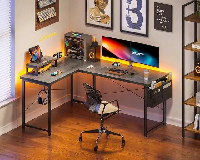 Alt view image 2 of 7 - Casaottima L Shaped Computer Desk with Storage Bag, 57.5 Inch Reversible Gaming Desk, Home Office Corner Desk with Monitor Shelf, Space-Saving Writing Workstation Desk, Easy to Assemble, Grey Oak