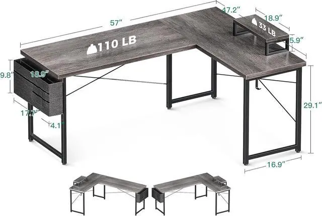 Alt view image 3 of 7 - Casaottima L Shaped Computer Desk with Storage Bag, 57.5 Inch Reversible Gaming Desk, Home Office Corner Desk with Monitor Shelf, Space-Saving Writing Workstation Desk, Easy to Assemble, Grey Oak