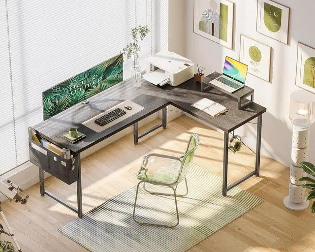 Alt view image 6 of 7 - Casaottima L Shaped Computer Desk with Storage Bag, 57.5 Inch Reversible Gaming Desk, Home Office Corner Desk with Monitor Shelf, Space-Saving Writing Workstation Desk, Easy to Assemble, Grey Oak