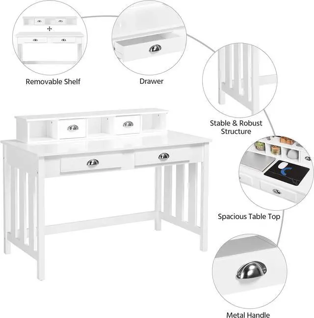 Alt view image 5 of 7 - Yaheetech 41.7 Inch White Computer Desk with 4 Drawers and Storage Space, 2 Tiers Home Office Table Workstation with Monitor Stand for Screen, Wooden Writing Gaming Table with Large Laptop