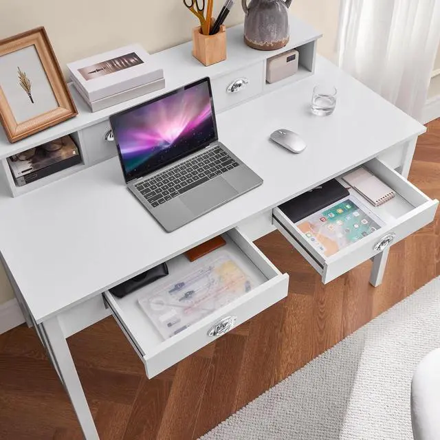 Alt view image 6 of 7 - Yaheetech 41.7 Inch White Computer Desk with 4 Drawers and Storage Space, 2 Tiers Home Office Table Workstation with Monitor Stand for Screen, Wooden Writing Gaming Table with Large Laptop