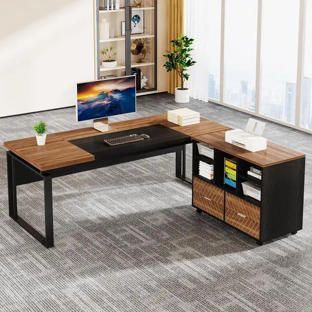 Main image of Tribesigns L-Shaped Executive Desk with Reversible File Cabinet, 63" Office Desk with Storage Drawers, L-Shaped Computer Desk with Drawer Cabinet for Hanging Letter Size Files (Walnut & Black)
