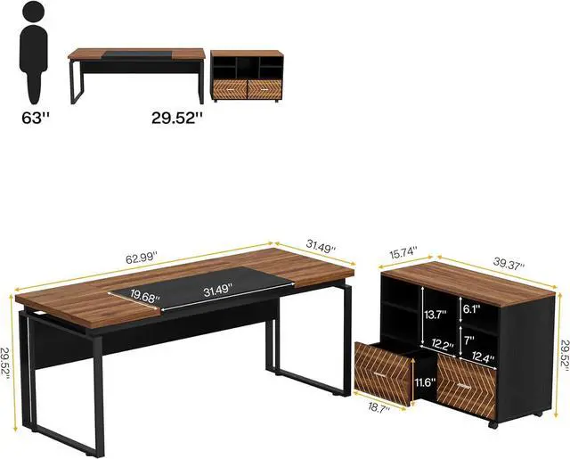 Alt view image 2 of 7 - Tribesigns L-Shaped Executive Desk with Reversible File Cabinet, 63" Office Desk with Storage Drawers, L-Shaped Computer Desk with Drawer Cabinet for Hanging Letter Size Files (Walnut & Black)