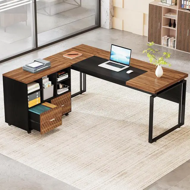 Alt view image 3 of 7 - Tribesigns L-Shaped Executive Desk with Reversible File Cabinet, 63" Office Desk with Storage Drawers, L-Shaped Computer Desk with Drawer Cabinet for Hanging Letter Size Files (Walnut & Black)