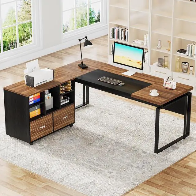 Alt view image 6 of 7 - Tribesigns L-Shaped Executive Desk with Reversible File Cabinet, 63" Office Desk with Storage Drawers, L-Shaped Computer Desk with Drawer Cabinet for Hanging Letter Size Files (Walnut & Black)