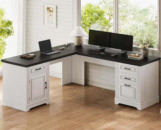 Main image of Farmhouse Executive L Shaped Desk, Home Office Desk with File Drawer and Power Outlet, Computer Corner Desk with Drawers and Storage Cabinet, Workstation for Office Home, White