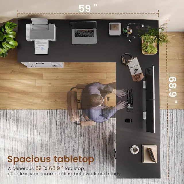 Alt view image 2 of 7 - Farmhouse Executive L Shaped Desk, Home Office Desk with File Drawer and Power Outlet, Computer Corner Desk with Drawers and Storage Cabinet, Workstation for Office Home, White