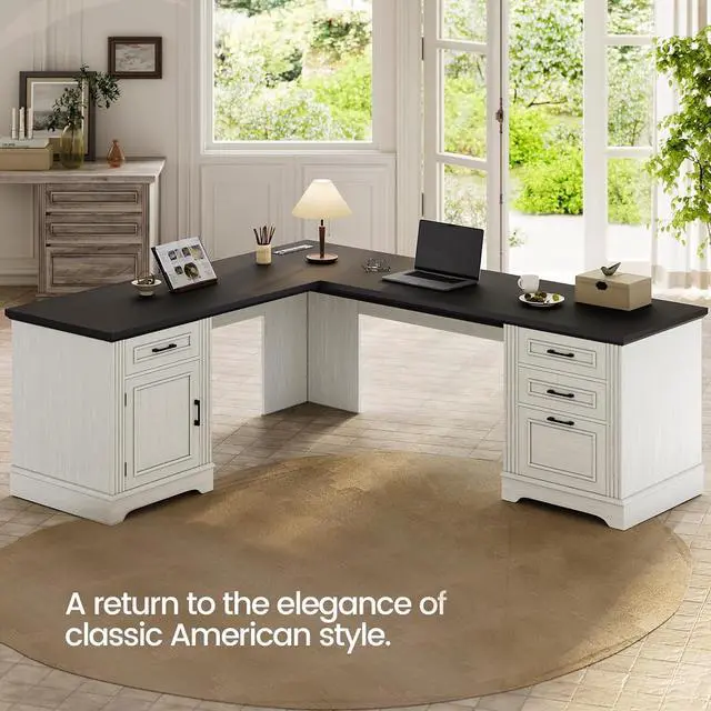 Alt view image 3 of 7 - Farmhouse Executive L Shaped Desk, Home Office Desk with File Drawer and Power Outlet, Computer Corner Desk with Drawers and Storage Cabinet, Workstation for Office Home, White