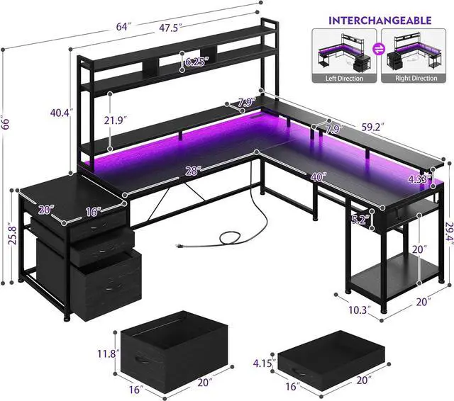 Alt view image 2 of 7 - EnHomee L Shaped Gaming Desk with LED Black Gaming Desk with Drawers & Storage Shelf Reversible Large Computer Desk with Monitor Stand & Power Outlets L Desk for Home Office,Gaming Room