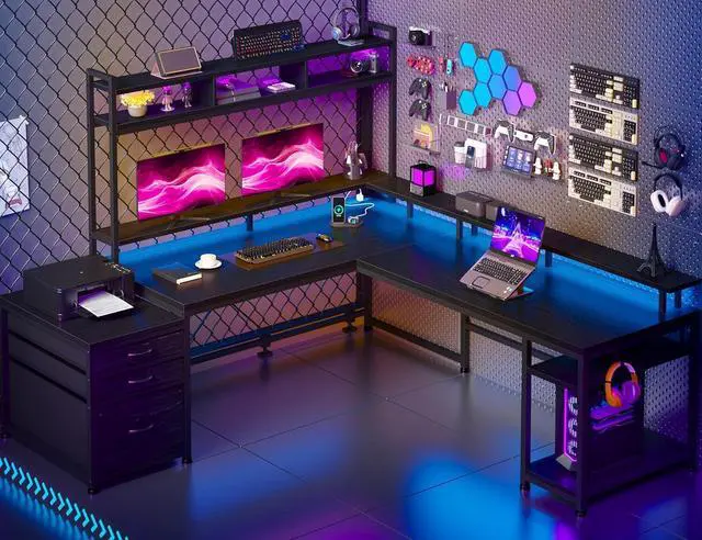 Main image of EnHomee L Shaped Gaming Desk with LED Black Gaming Desk with Drawers & Storage Shelf Reversible Large Computer Desk with Monitor Stand & Power Outlets L Desk for Home Office,Gaming Room