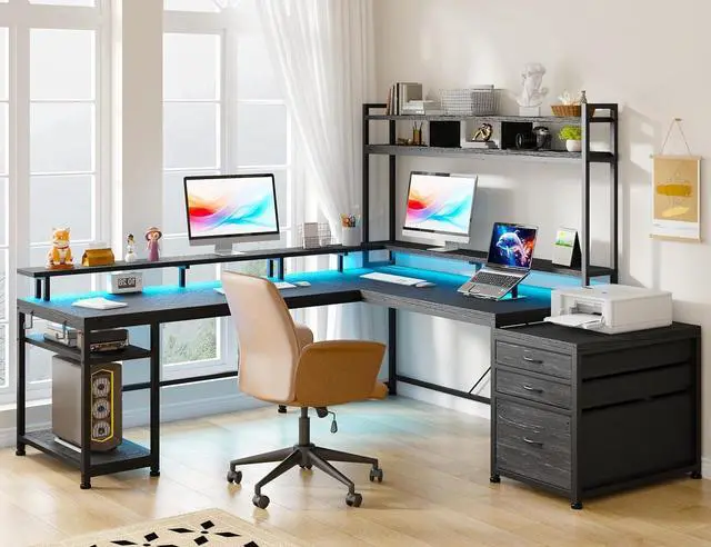 Alt view image 4 of 7 - EnHomee L Shaped Gaming Desk with LED Black Gaming Desk with Drawers & Storage Shelf Reversible Large Computer Desk with Monitor Stand & Power Outlets L Desk for Home Office,Gaming Room
